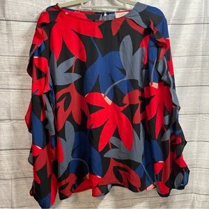 LOFT red/blue floral size large.‎ Flower ruffle sleeves
